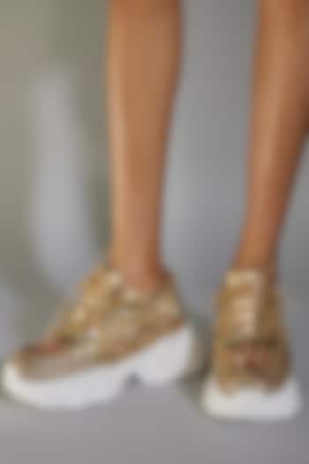 Gold & Multi-Colored Vegan Leather Zardosi Embroidered Sneakers by Chal Jooti at Pernia's Pop Up Shop