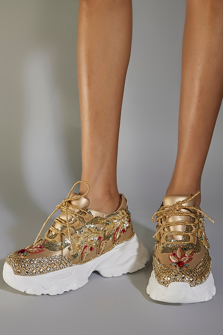 Gold & Multi-Colored Vegan Leather Zardosi Embroidered Sneakers by Chal Jooti at Pernia's Pop Up Shop