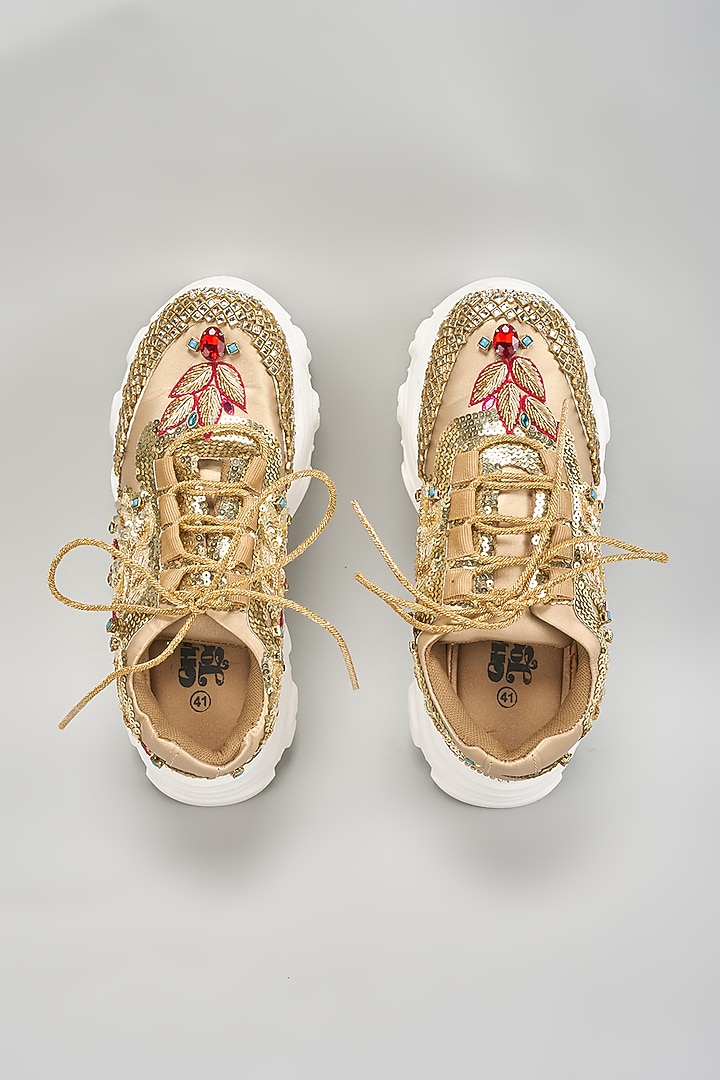 Gold & Multi-Colored Vegan Leather Zardosi Embroidered Sneakers by Chal Jooti at Pernia's Pop Up Shop
