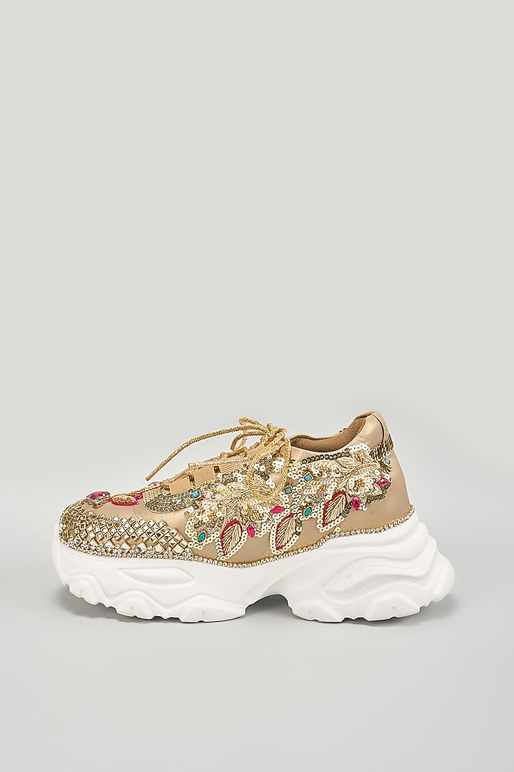 Gold & Multi-Colored Vegan Leather Zardosi Embroidered Sneakers by Chal Jooti at Pernia's Pop Up Shop