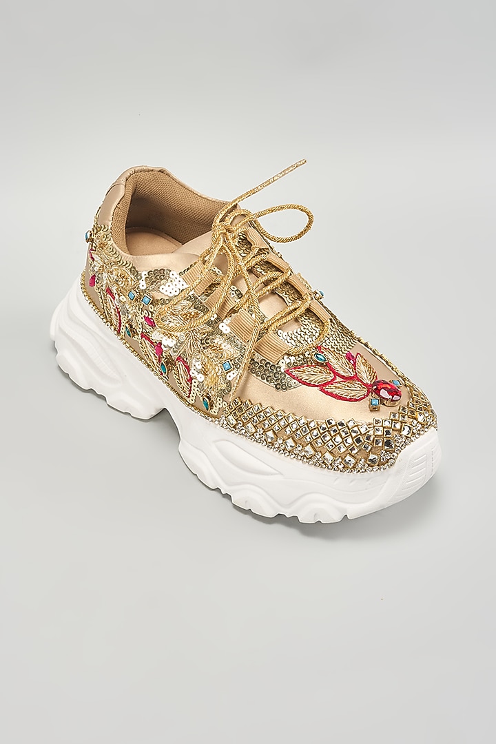 Gold & Multi-Colored Vegan Leather Zardosi Embroidered Sneakers by Chal Jooti at Pernia's Pop Up Shop