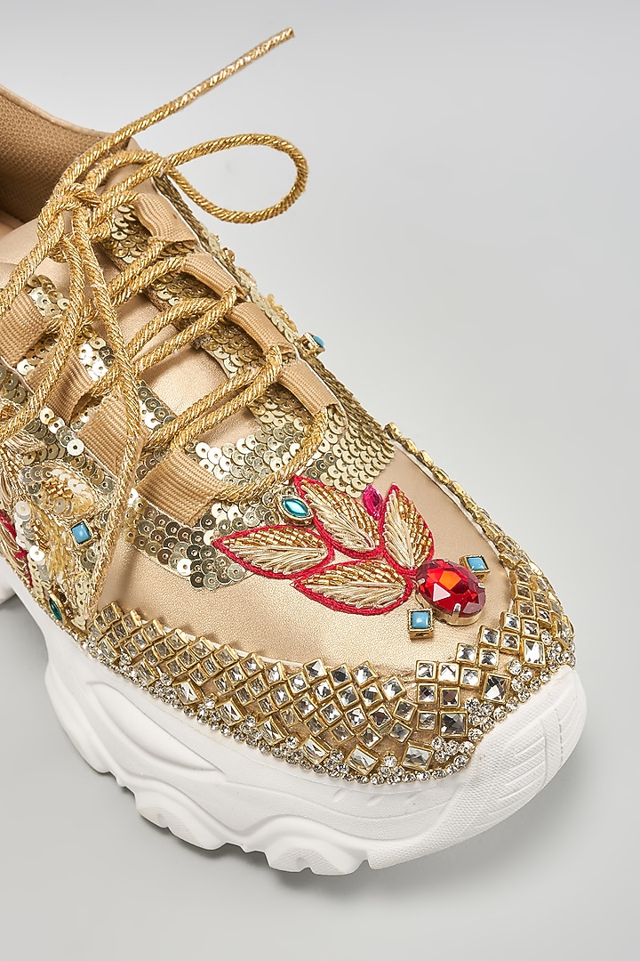 Gold & Multi-Colored Vegan Leather Zardosi Embroidered Sneakers by Chal Jooti at Pernia's Pop Up Shop