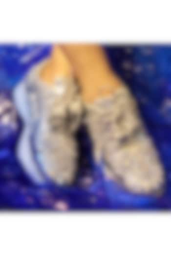Silver Vegan Leather & Airmix Mirror Embroidered Sneakers by Chal Jooti at Pernia's Pop Up Shop
