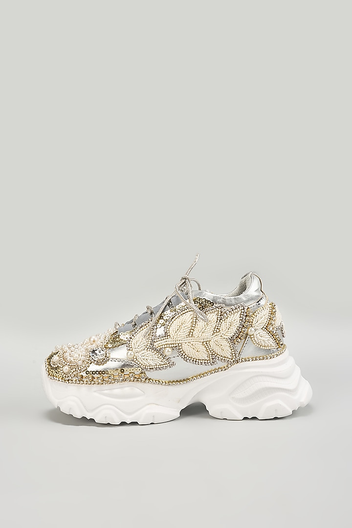 Silver Vegan Leather Bead Embroidered Sneakers by Chal Jooti at Pernia's Pop Up Shop