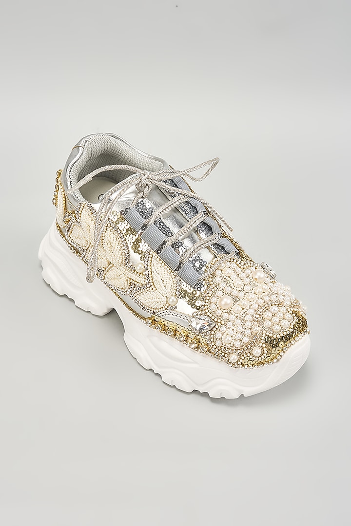 Silver Vegan Leather Bead Embroidered Sneakers by Chal Jooti at Pernia's Pop Up Shop