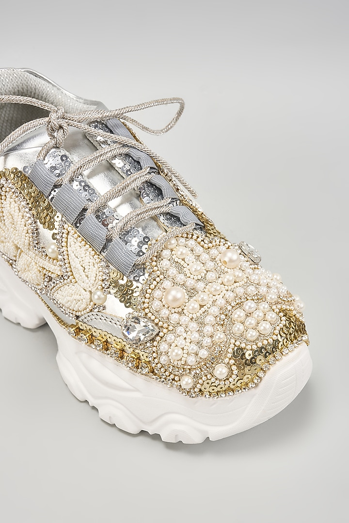 Silver Vegan Leather Bead Embroidered Sneakers by Chal Jooti at Pernia's Pop Up Shop
