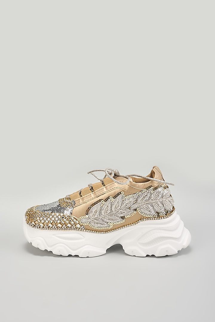 Gold Vegan Leather Crystal Embroidered Sneakers by Chal Jooti at Pernia's Pop Up Shop