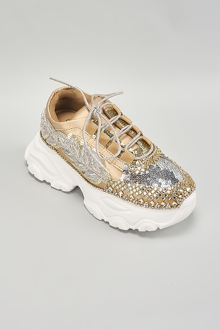 Gold Vegan Leather Crystal Embroidered Sneakers by Chal Jooti at Pernia's Pop Up Shop
