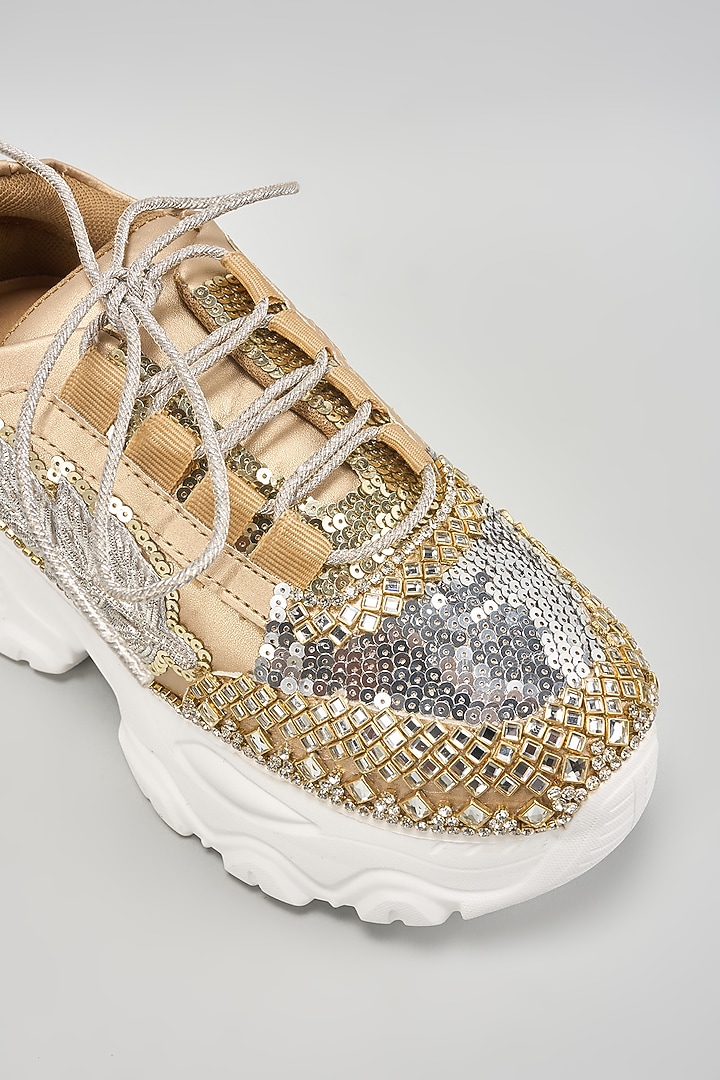 Gold Vegan Leather Crystal Embroidered Sneakers by Chal Jooti at Pernia's Pop Up Shop