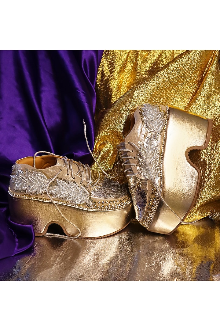 Gold Leather & Vegan Leather Sequins Work Sneakers by Chal Jooti at Pernia's Pop Up Shop
