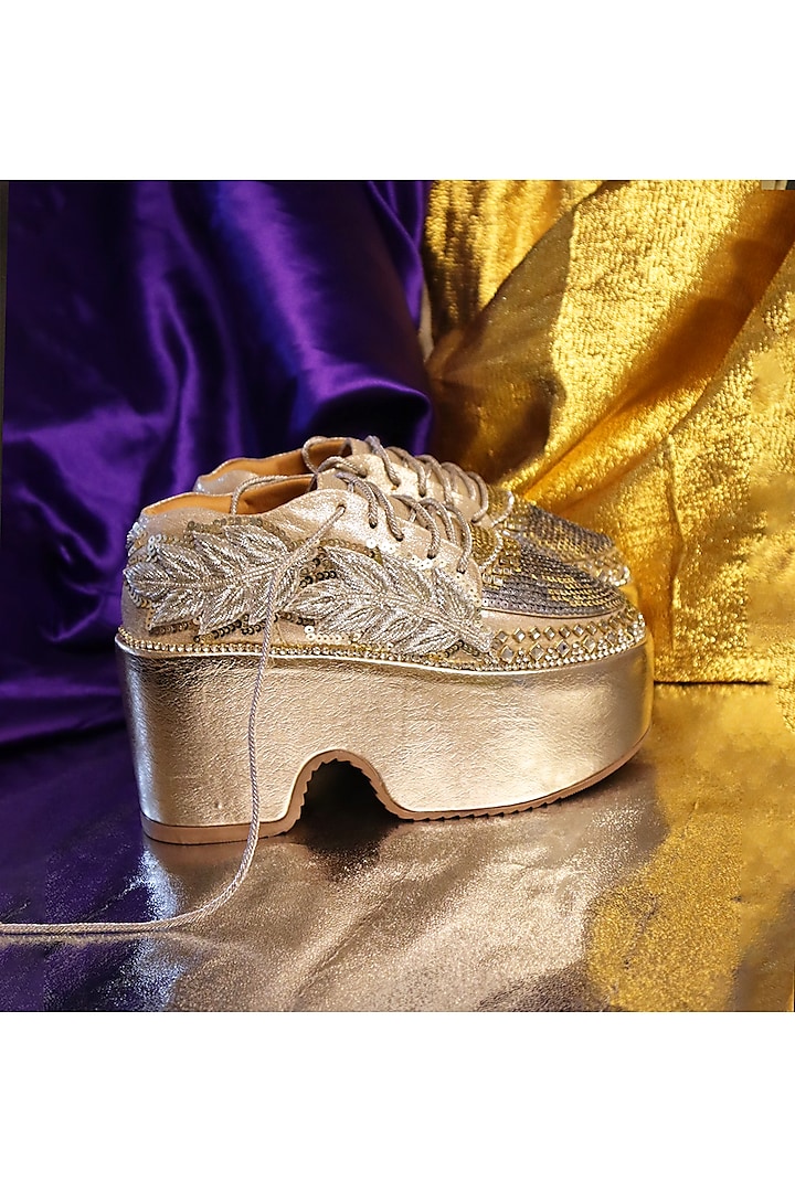 Gold Leather & Vegan Leather Sequins Work Sneakers by Chal Jooti at Pernia's Pop Up Shop