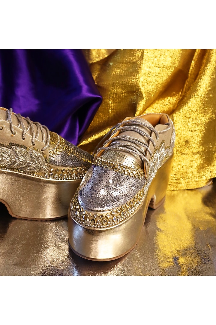 Gold Leather & Vegan Leather Sequins Work Sneakers by Chal Jooti at Pernia's Pop Up Shop