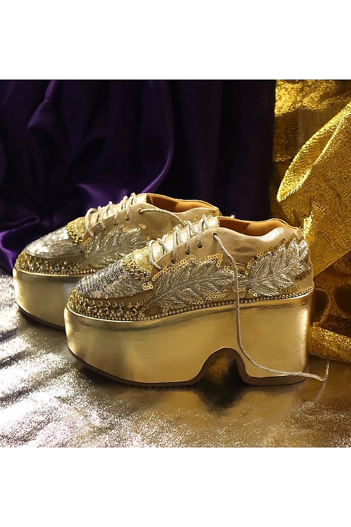 Gold Leather & Vegan Leather Sequins Work Sneakers by Chal Jooti at Pernia's Pop Up Shop