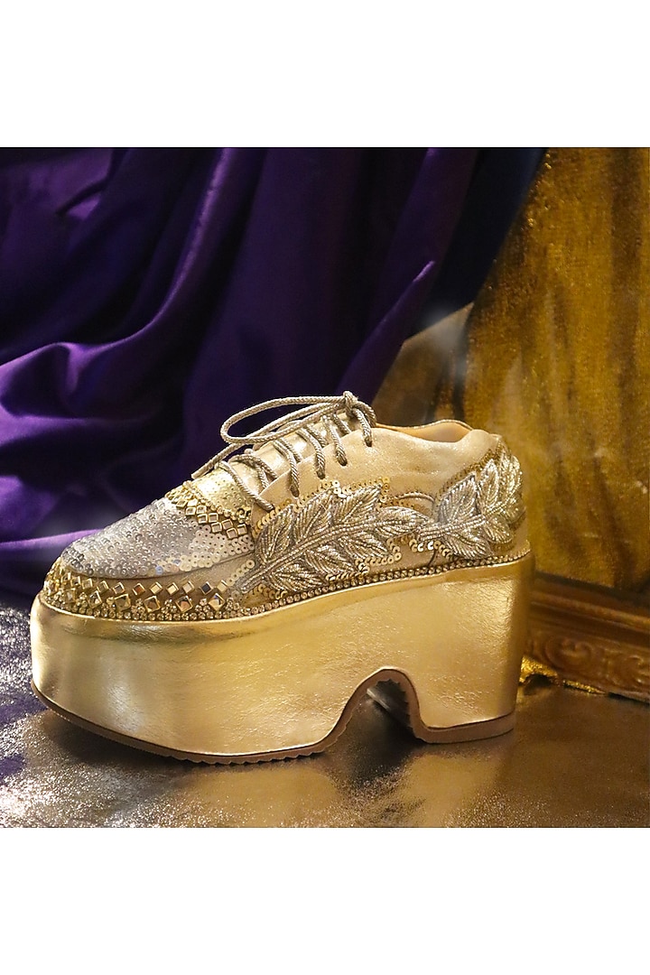 Gold Leather & Vegan Leather Sequins Work Sneakers by Chal Jooti at Pernia's Pop Up Shop
