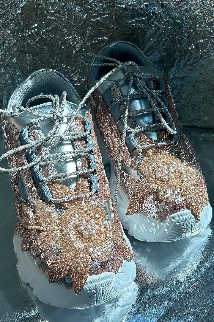 Gold Leather Pearl Embroidered Sneakers by Chal Jooti at Pernia's Pop Up Shop