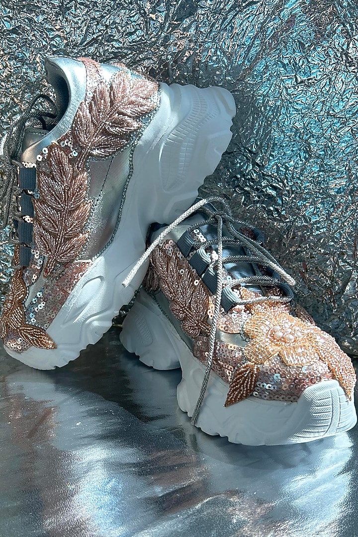 Gold Leather Pearl Embroidered Sneakers by Chal Jooti at Pernia's Pop Up Shop