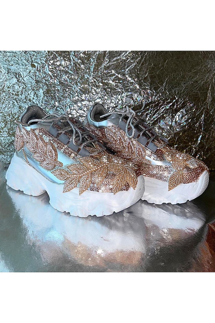 Gold Leather Pearl Embroidered Sneakers by Chal Jooti at Pernia's Pop Up Shop