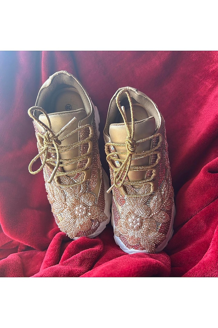 Gold Vegan Leather & Airmix Pearl Embroidered Sneakers by Chal Jooti at Pernia's Pop Up Shop