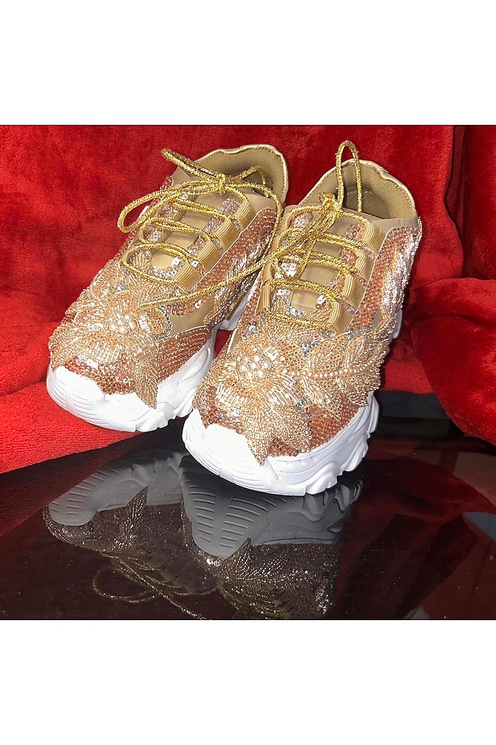 Gold Vegan Leather & Airmix Pearl Embroidered Sneakers by Chal Jooti at Pernia's Pop Up Shop