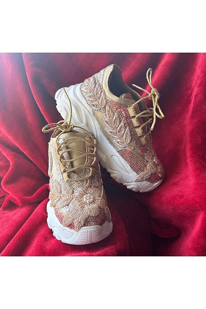 Gold Vegan Leather & Airmix Pearl Embroidered Sneakers by Chal Jooti at Pernia's Pop Up Shop