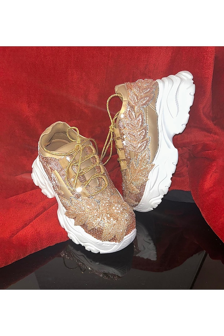 Gold Vegan Leather & Airmix Pearl Embroidered Sneakers by Chal Jooti at Pernia's Pop Up Shop