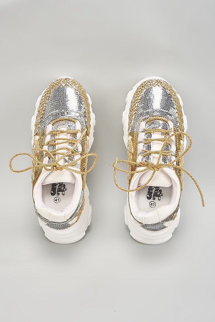 Silver Vegan Leather Sequins Embroidered Sneakers by Chal Jooti at Pernia's Pop Up Shop