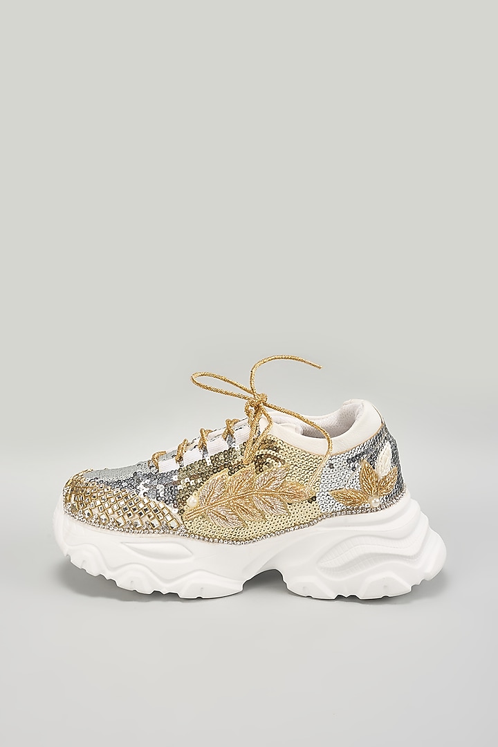 Silver Vegan Leather Sequins Embroidered Sneakers by Chal Jooti at Pernia's Pop Up Shop