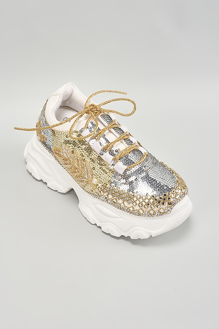 Silver Vegan Leather Sequins Embroidered Sneakers by Chal Jooti at Pernia's Pop Up Shop