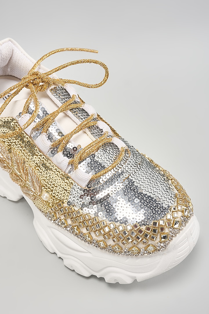 Silver Vegan Leather Sequins Embroidered Sneakers by Chal Jooti at Pernia's Pop Up Shop