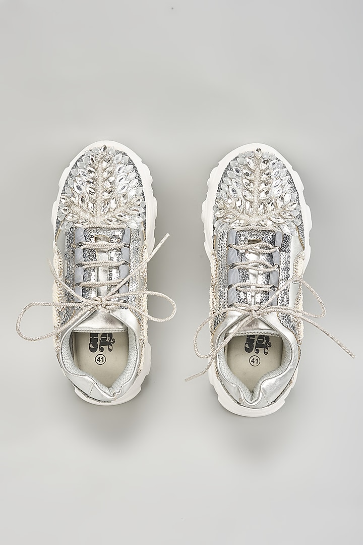 Silver Vegan Leather Crystal Embroidered Sneakers by Chal Jooti at Pernia's Pop Up Shop