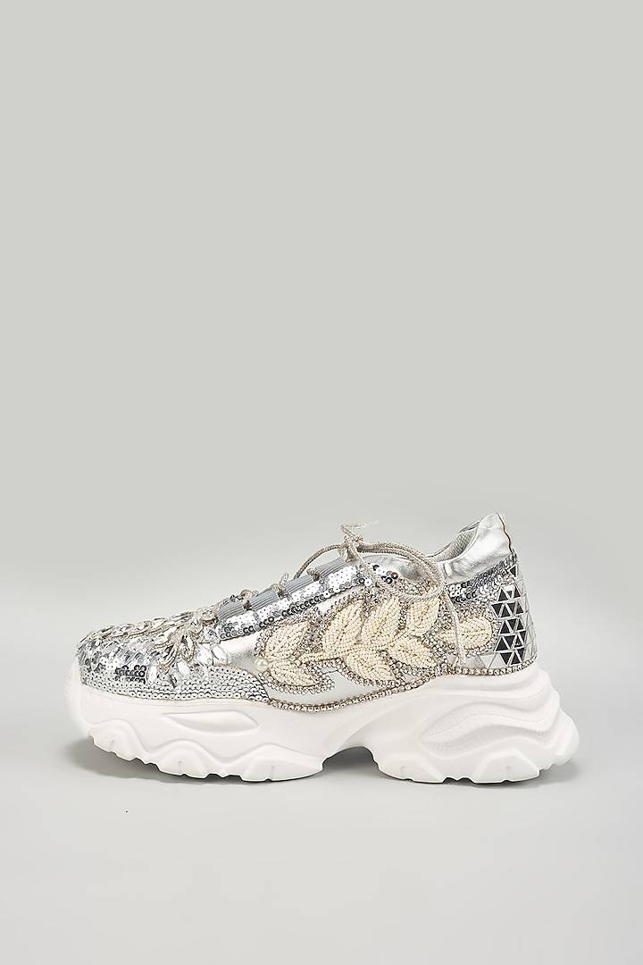 Silver Vegan Leather Crystal Embroidered Sneakers by Chal Jooti at Pernia's Pop Up Shop