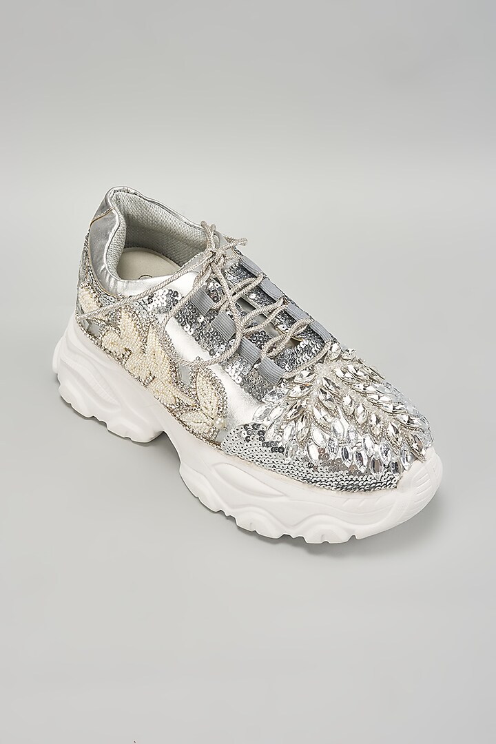 Silver Vegan Leather Crystal Embroidered Sneakers by Chal Jooti at Pernia's Pop Up Shop