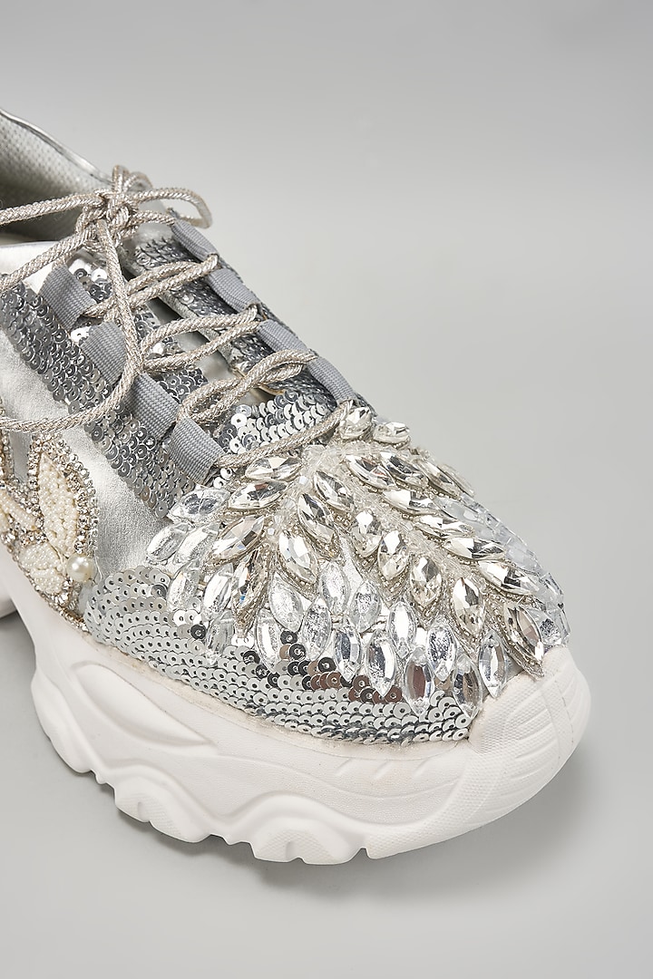 Silver Vegan Leather Crystal Embroidered Sneakers by Chal Jooti at Pernia's Pop Up Shop