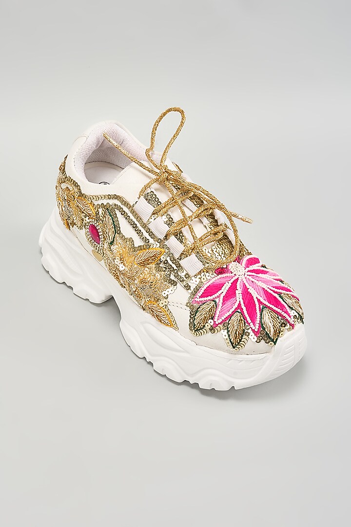 Multi-Colored Vegan Leather Zardosi Embroidered Sneakers by Chal Jooti at Pernia's Pop Up Shop