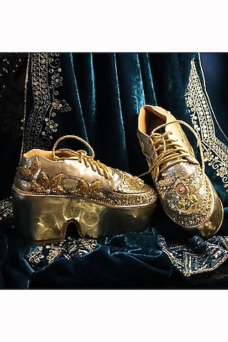 Gold Vegan Leather Embellished Sneakers by Chal Jooti