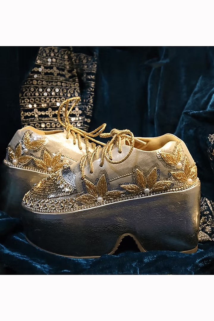 Gold Vegan Leather Embellished Sneakers by Chal Jooti at Pernia's Pop Up Shop