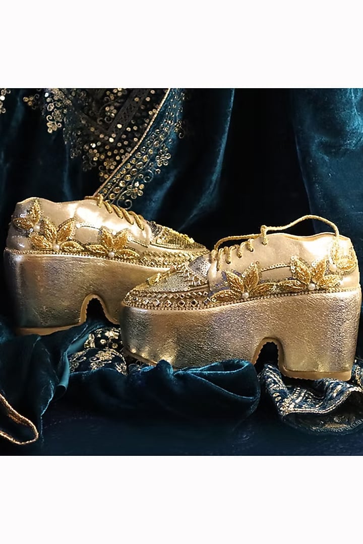 Gold Vegan Leather Embellished Sneakers by Chal Jooti at Pernia's Pop Up Shop