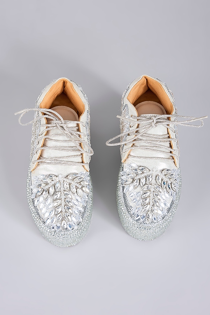 Silver Vegan Leather Embroidered Sneakers by Chal Jooti at Pernia's Pop Up Shop