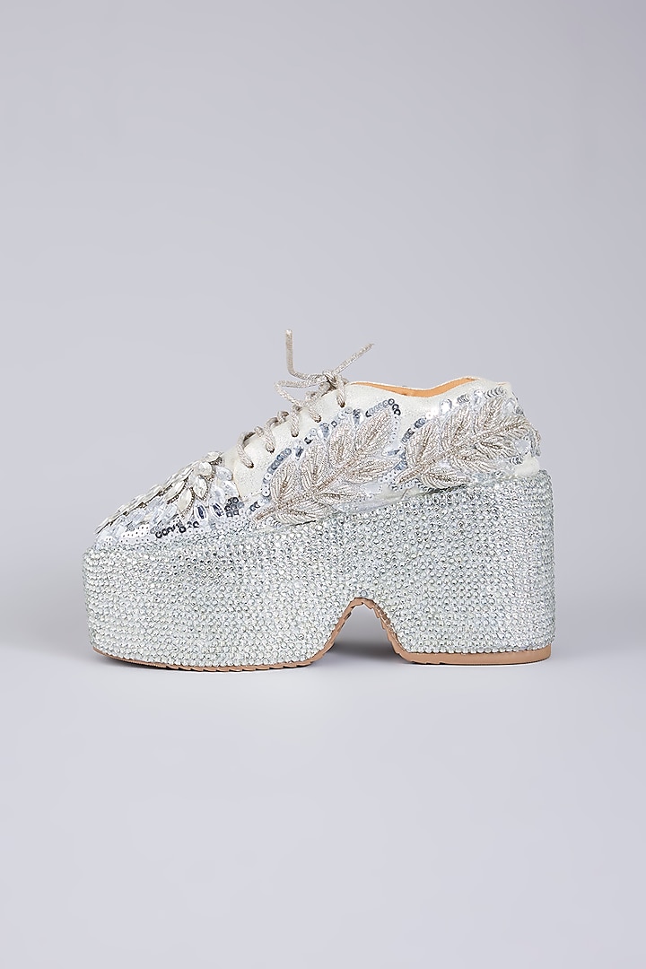 Silver Vegan Leather Embroidered Sneakers by Chal Jooti at Pernia's Pop Up Shop