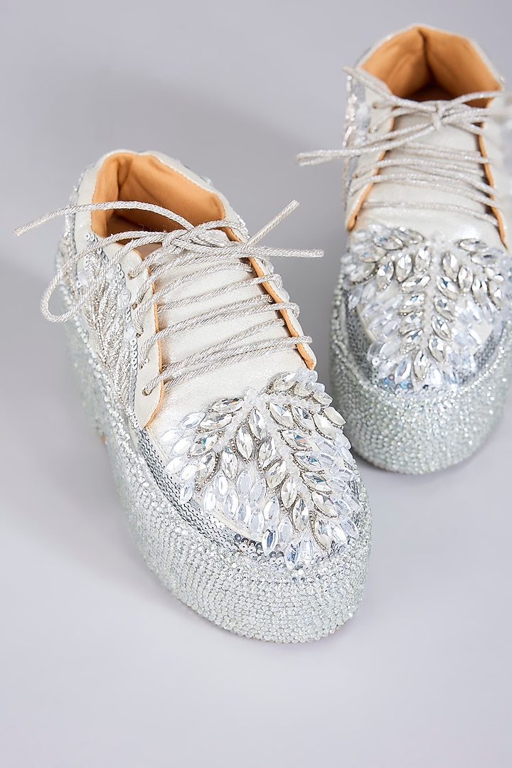 Silver Vegan Leather Embroidered Sneakers by Chal Jooti at Pernia's Pop Up Shop