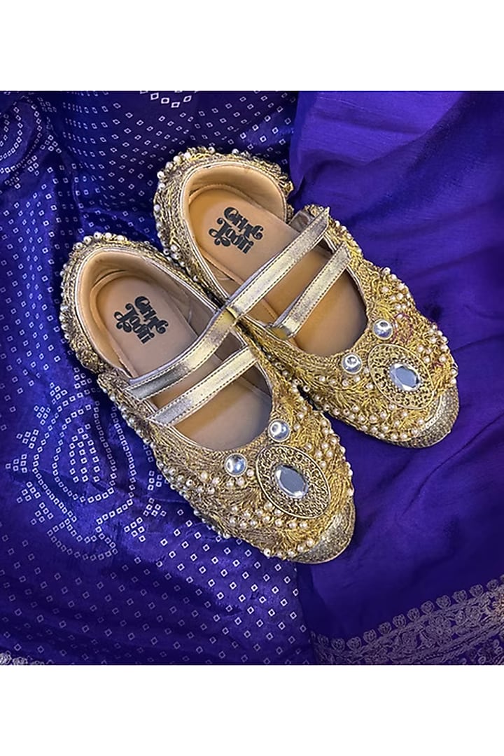 Gold Vegan Leather Mirror Work Sneakers by Chal Jooti at Pernia's Pop Up Shop