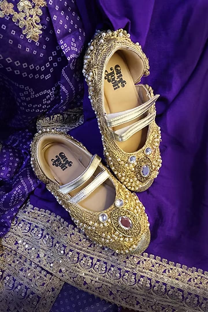 Gold Vegan Leather Mirror Work Sneakers by Chal Jooti at Pernia's Pop Up Shop