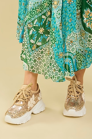 Rose Gold Vegan Leather Embroidered Sneakers by Chal Jooti