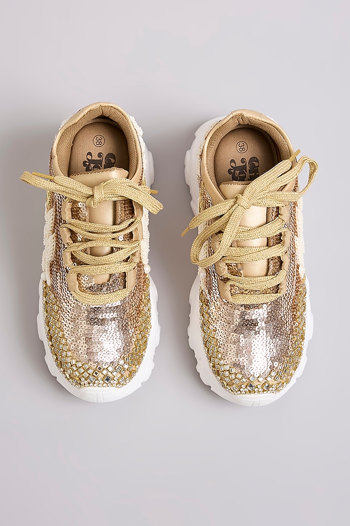 Rose Gold Vegan Leather Embroidered Sneakers by Chal Jooti at Pernia's Pop Up Shop