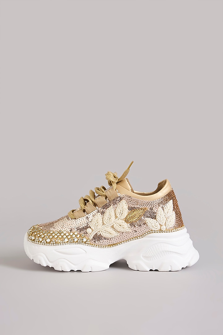 Rose Gold Vegan Leather Embroidered Sneakers by Chal Jooti at Pernia's Pop Up Shop