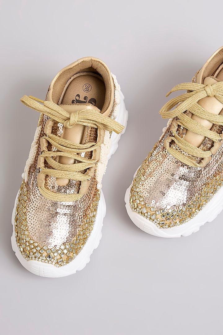 Rose Gold Vegan Leather Embroidered Sneakers by Chal Jooti at Pernia's Pop Up Shop