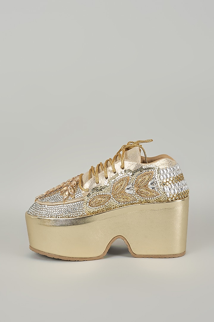 Gold Vegan Leather & Airmix Sneakers by Chal Jooti at Pernia's Pop Up Shop