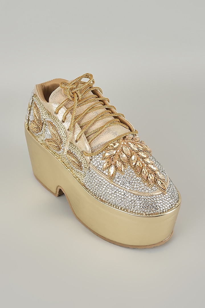 Gold Vegan Leather & Airmix Sneakers by Chal Jooti at Pernia's Pop Up Shop