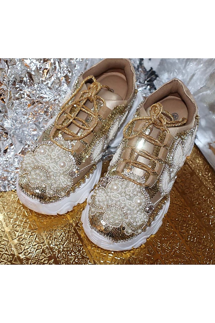 Gold Leather & Vegan Leather Sneakers by Chal Jooti at Pernia's Pop Up Shop