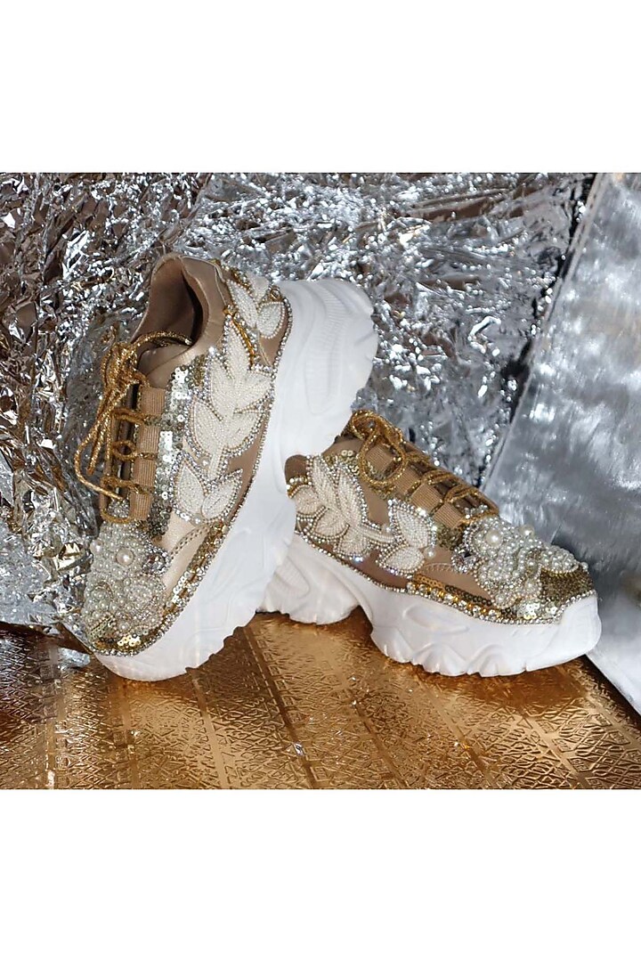 Gold Leather & Vegan Leather Sneakers by Chal Jooti at Pernia's Pop Up Shop